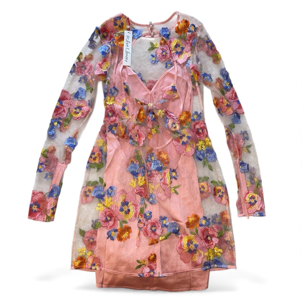 For Love & Lemons Percy Pink Long Sleeve Floral Mesh Mini Dress - Picture 2 of 10